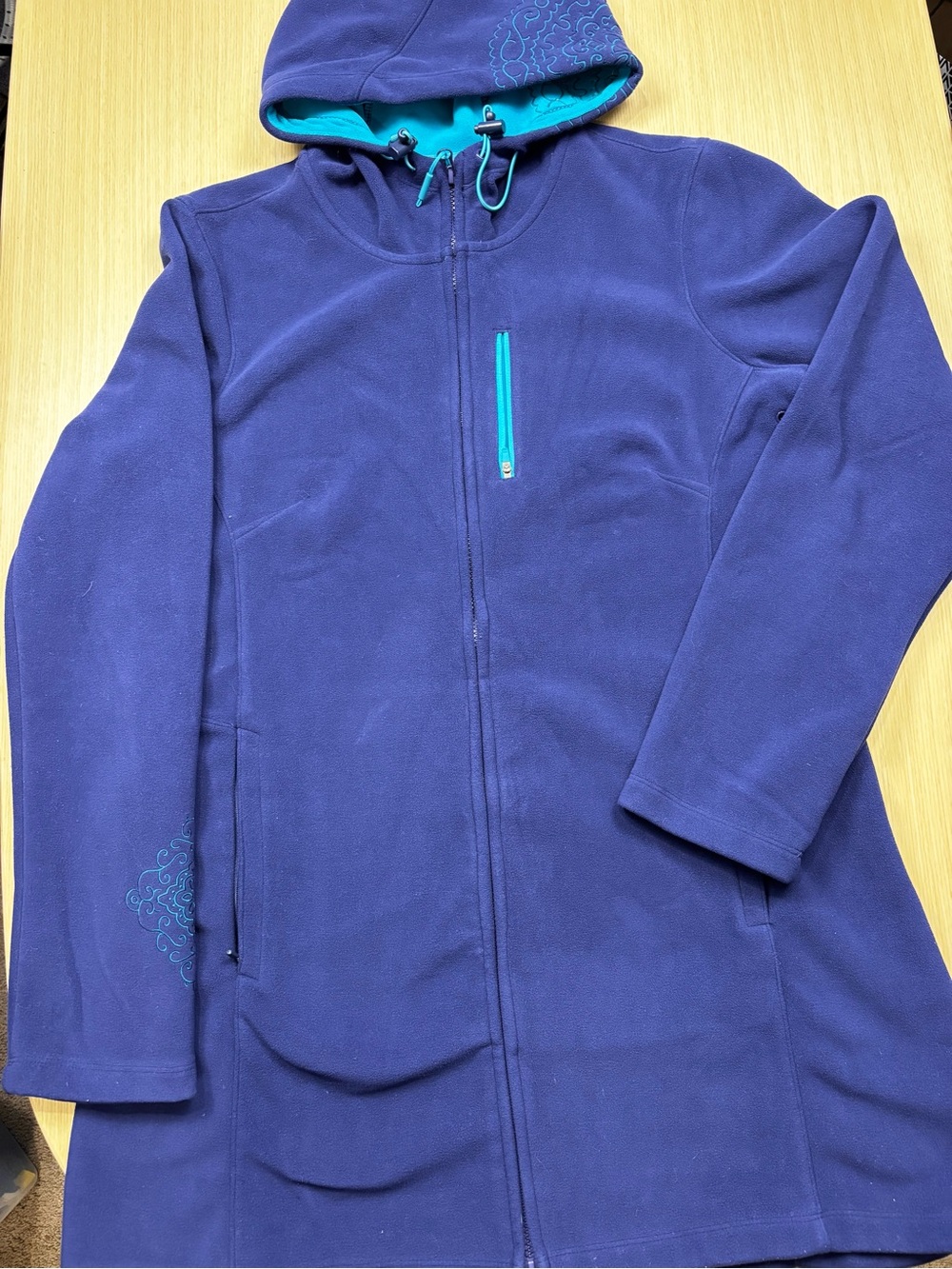 Athleta Swara Long Fleece Jacket Hooded Full Zip Embroidered Purple Teal Sz L